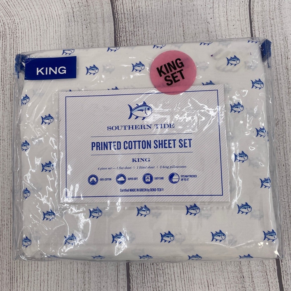 Southern Tide Skipjack Sheet Set King White Blue 100% Cotton Percale Coastal